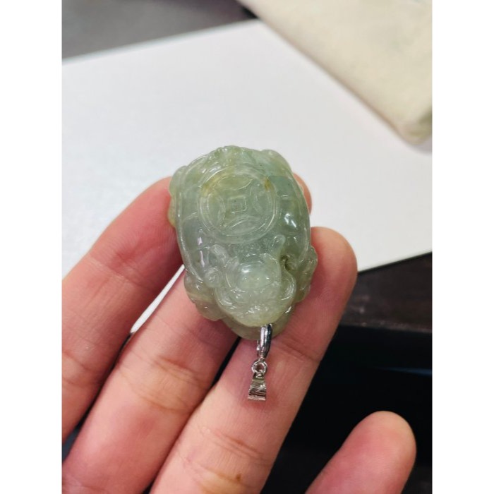 天然A貨緬甸玉 冰潤油綠滿載而歸招財龍龜翡翠擺件 起冰滿綠底色帶灑金 型飽滿工不含糊-細節圖8