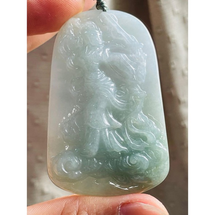 天然A貨緬甸玉 冰潤藍綠九天玄女翡翠佛牌 清雅淡藍綠 底庄乾淨透手影一刀切牌形 法像清晰-細節圖2
