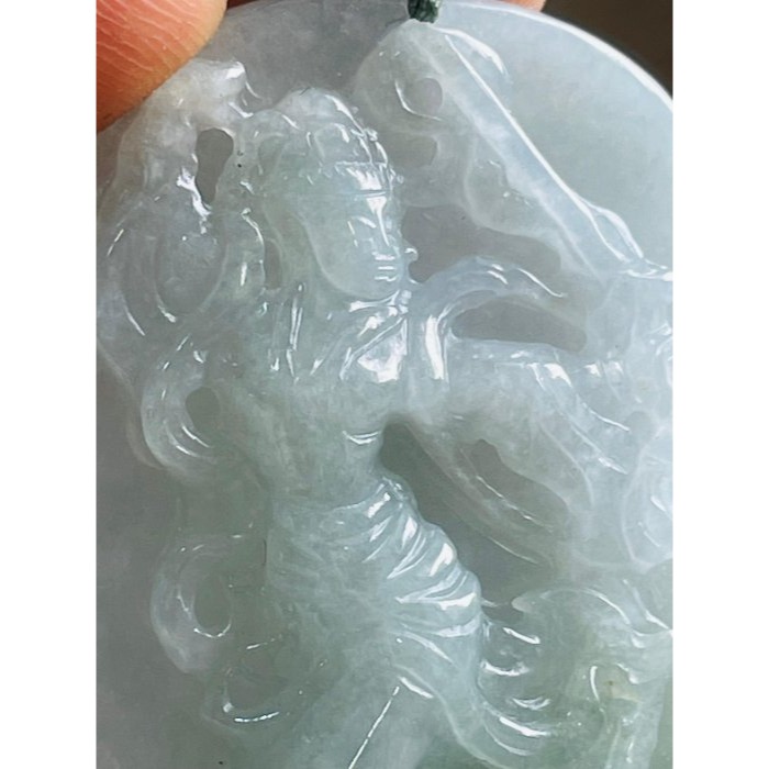天然A貨緬甸玉 冰潤藍綠九天玄女翡翠佛牌 清雅淡藍綠 底庄乾淨透手影一刀切牌形 法像清晰-細節圖3