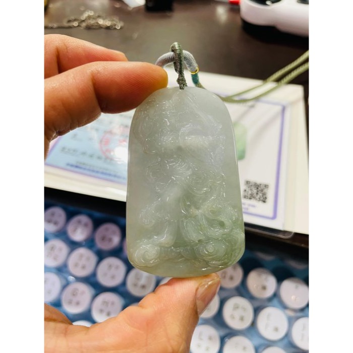 天然A貨緬甸玉 冰潤藍綠九天玄女翡翠佛牌 清雅淡藍綠 底庄乾淨透手影一刀切牌形 法像清晰-細節圖10