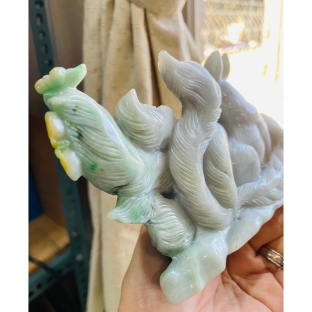 天然A貨緬甸玉 芙蓉種 細潤小三彩俏色雕九尾狐狸翡翠擺件 滿色淡紫漸變陽綠橙黃 一抹亮眼冰晴綠點綴 霸氣全立體手工俏雕-細節圖6