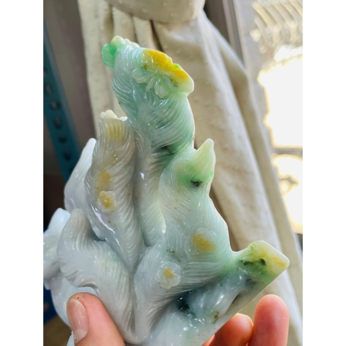 天然A貨緬甸玉 芙蓉種 細潤小三彩俏色雕九尾狐狸翡翠擺件 滿色淡紫漸變陽綠橙黃 一抹亮眼冰晴綠點綴 霸氣全立體手工俏雕-細節圖7