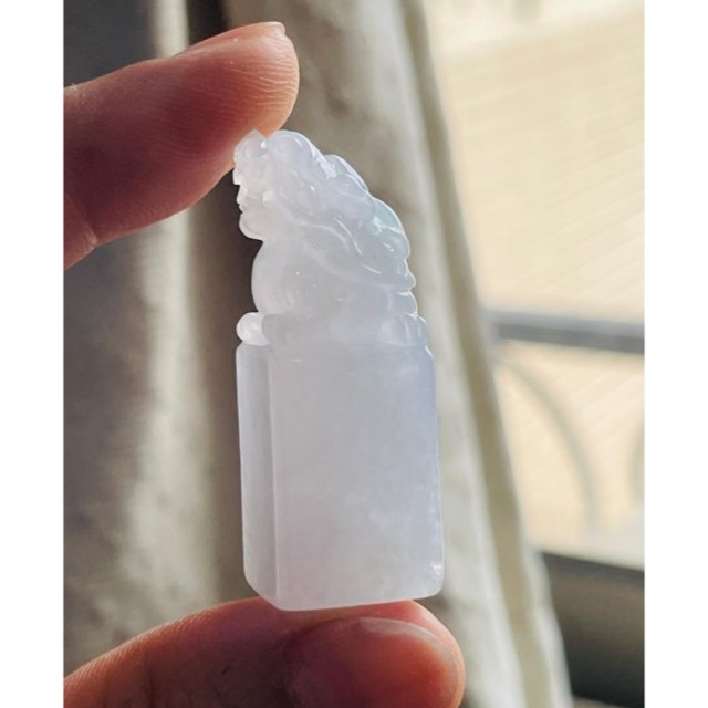 天然A貨緬甸玉 白冰手工雕滿載而歸龍龜翡翠印章/正方印／私章 純色冰晶透好水頭 1.4公分正方印體-細節圖4