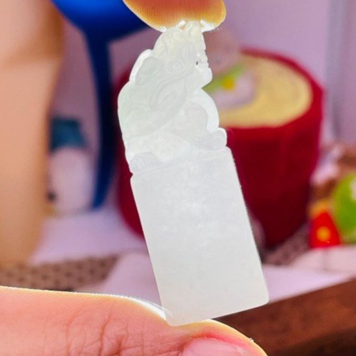 天然A貨緬甸玉 白冰手工雕滿載而歸龍龜翡翠印章/正方印／私章 純色冰晶透好水頭 1.4公分正方印體-細節圖9