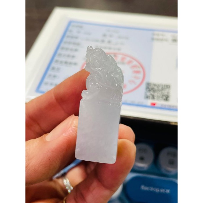 天然A貨緬甸玉 白冰手工雕滿載而歸龍龜翡翠印章/正方印／私章 純色冰晶透好水頭 1.4公分正方印體-細節圖10