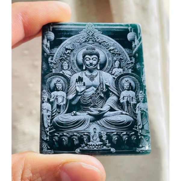天然A貨翡翠 冰潤危藍雷射雕釋迦摩尼佛說法度化眾生翡翠佛牌 全透光滿藍瓜料 雷射噴砂精致顯工-細節圖2
