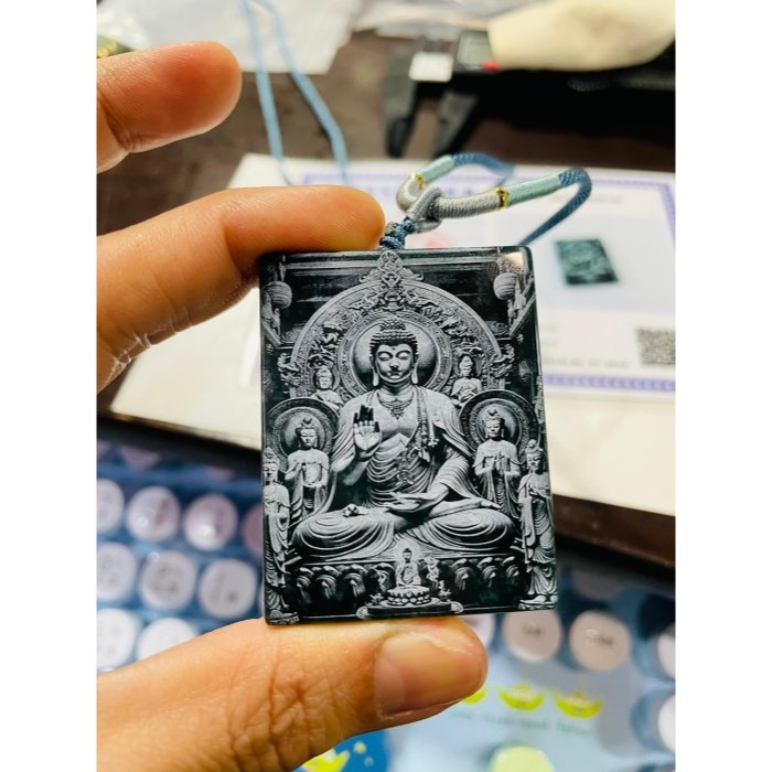 天然A貨翡翠 冰潤危藍雷射雕釋迦摩尼佛說法度化眾生翡翠佛牌 全透光滿藍瓜料 雷射噴砂精致顯工-細節圖8