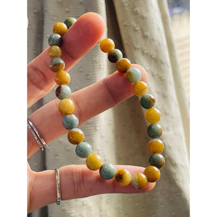 天然A貨緬甸玉 老坑多寶鴛鴦漸變紅7.5mm圓珠翡翠珠串/手鍊 內圍18cm 老熟油亮多彩 紅.黃.綠 顆顆圓潤透光-細節圖2
