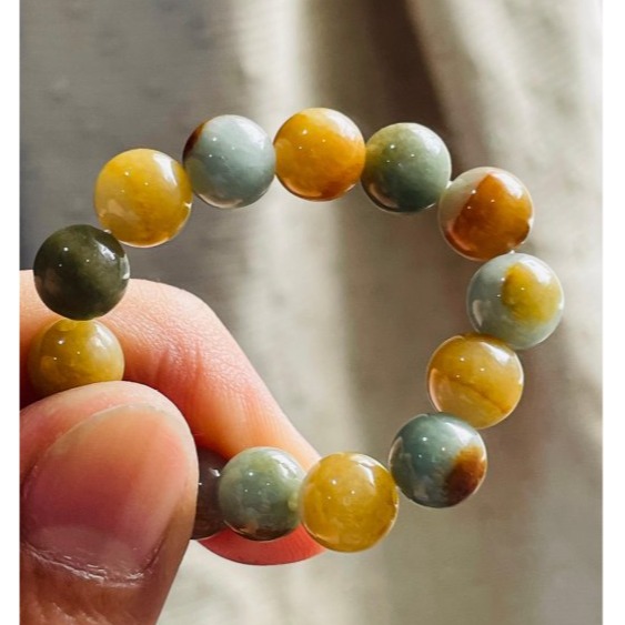 天然A貨緬甸玉 老坑多寶鴛鴦漸變紅7.5mm圓珠翡翠珠串/手鍊 內圍18cm 老熟油亮多彩 紅.黃.綠 顆顆圓潤透光-細節圖6