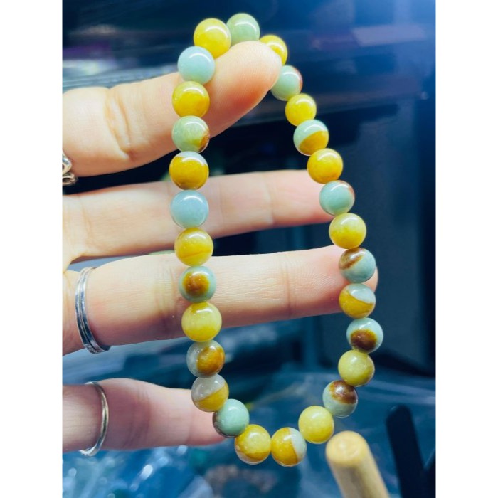 天然A貨緬甸玉 老坑多寶鴛鴦漸變紅7.5mm圓珠翡翠珠串/手鍊 內圍18cm 老熟油亮多彩 紅.黃.綠 顆顆圓潤透光-細節圖9