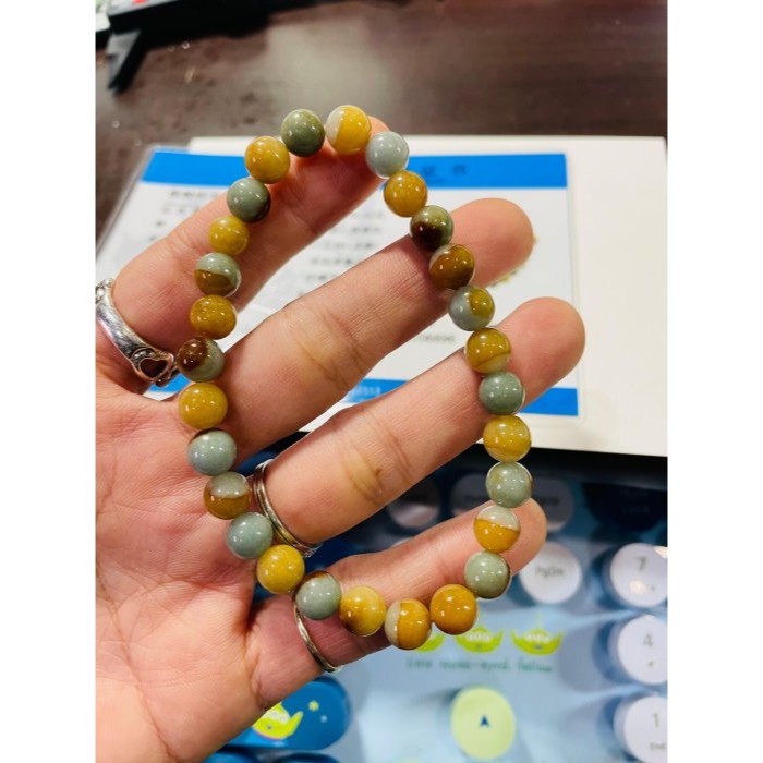 天然A貨緬甸玉 老坑多寶鴛鴦漸變紅7.5mm圓珠翡翠珠串/手鍊 內圍18cm 老熟油亮多彩 紅.黃.綠 顆顆圓潤透光-細節圖11