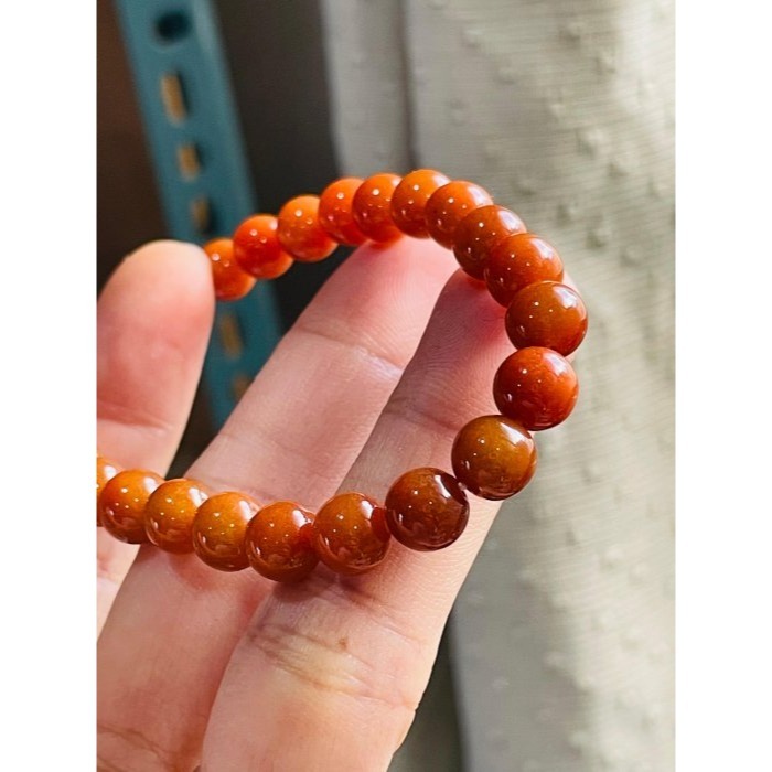 天然A貨緬甸玉 老坑紅7.5mm圓珠翡翠珠串/手鍊 內圍17cm 老熟油亮 色澤飽和 顆顆圓潤閃閃發光-細節圖4