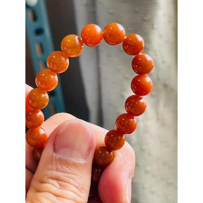 天然A貨緬甸玉 老坑紅7.5mm圓珠翡翠珠串/手鍊 內圍17cm 老熟油亮 色澤飽和 顆顆圓潤閃閃發光-細節圖5