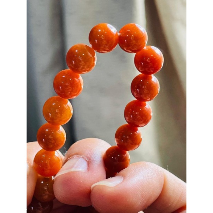 天然A貨緬甸玉 老坑紅7.5mm圓珠翡翠珠串/手鍊 內圍17cm 老熟油亮 色澤飽和 顆顆圓潤閃閃發光-細節圖6