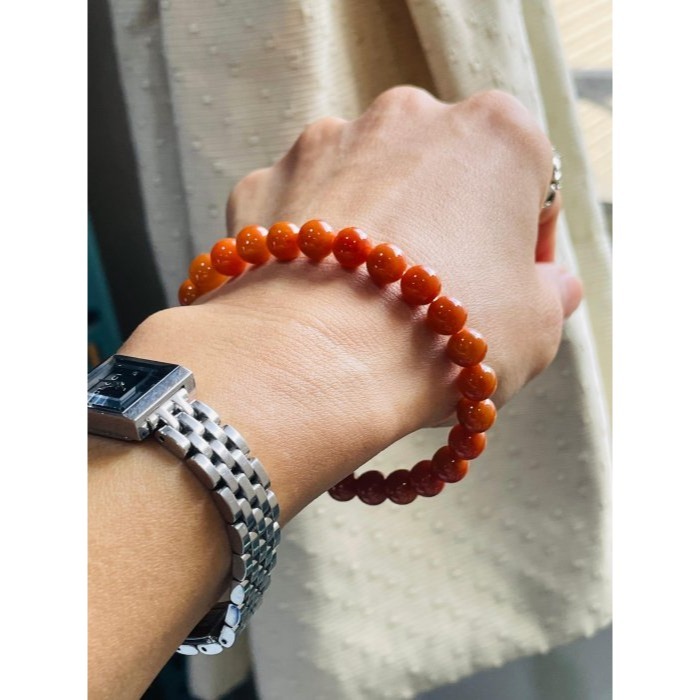 天然A貨緬甸玉 老坑紅7.5mm圓珠翡翠珠串/手鍊 內圍17cm 老熟油亮 色澤飽和 顆顆圓潤閃閃發光-細節圖8