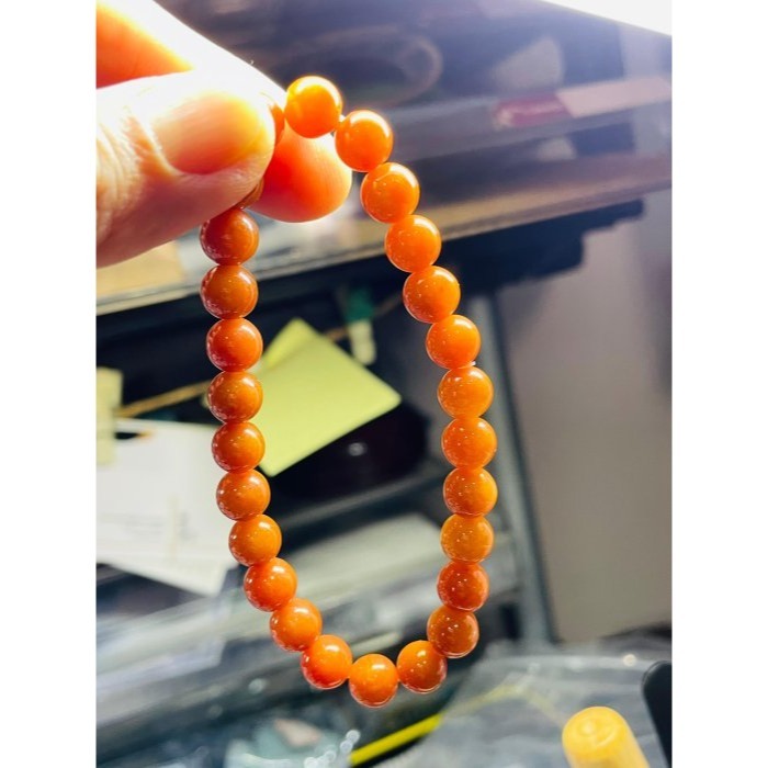 天然A貨緬甸玉 老坑紅7.5mm圓珠翡翠珠串/手鍊 內圍17cm 老熟油亮 色澤飽和 顆顆圓潤閃閃發光-細節圖9