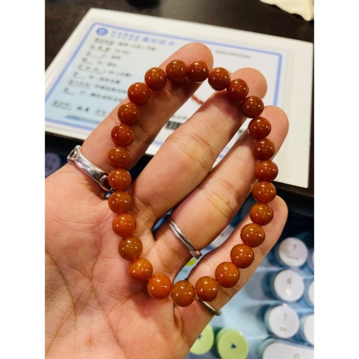 天然A貨緬甸玉 老坑紅7.5mm圓珠翡翠珠串/手鍊 內圍17cm 老熟油亮 色澤飽和 顆顆圓潤閃閃發光-細節圖10