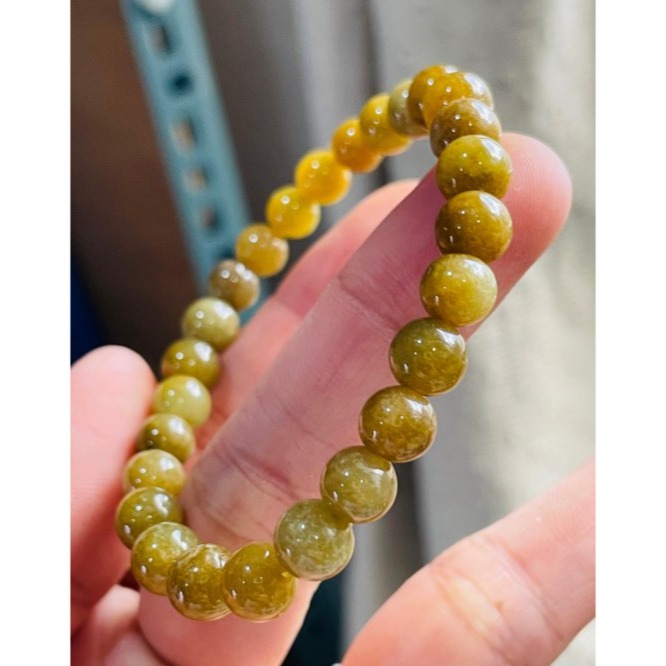 天然A貨緬甸玉 冰潤秋香黃7mm圓珠翡翠珠串/手鍊 內圍15cm 老熟油亮 顆顆透光色澤飽和-細節圖2