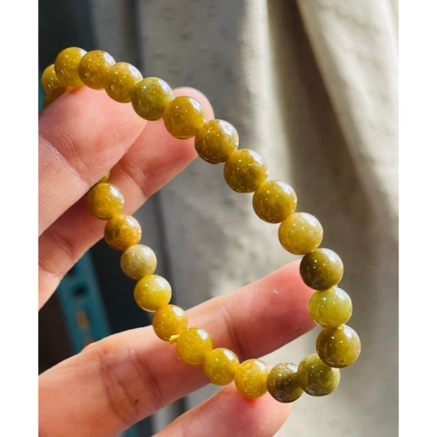天然A貨緬甸玉 冰潤秋香黃7mm圓珠翡翠珠串/手鍊 內圍15cm 老熟油亮 顆顆透光色澤飽和-細節圖3