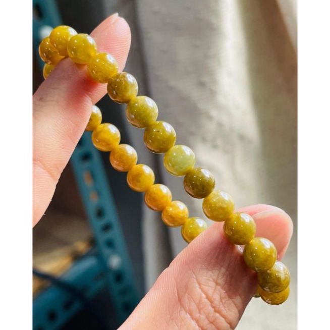 天然A貨緬甸玉 冰潤秋香黃7mm圓珠翡翠珠串/手鍊 內圍15cm 老熟油亮 顆顆透光色澤飽和-細節圖4