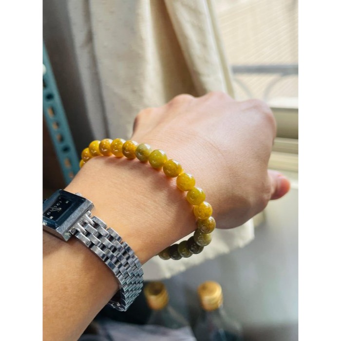 天然A貨緬甸玉 冰潤秋香黃7mm圓珠翡翠珠串/手鍊 內圍15cm 老熟油亮 顆顆透光色澤飽和-細節圖8