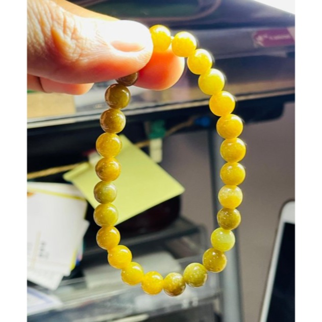 天然A貨緬甸玉 冰潤秋香黃7mm圓珠翡翠珠串/手鍊 內圍15cm 老熟油亮 顆顆透光色澤飽和-細節圖9