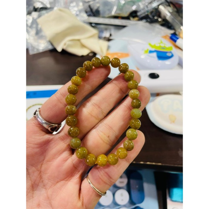 天然A貨緬甸玉 冰潤秋香黃7mm圓珠翡翠珠串/手鍊 內圍15cm 老熟油亮 顆顆透光色澤飽和-細節圖10