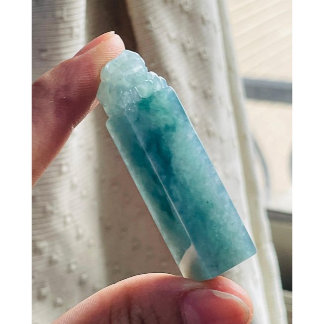 天然A貨緬甸玉 冰飄藍花手工雕招財進寶貔貅翡翠印章/方印/對印(一對) 冰起膠底老坑冰料 牛仔藍滿底色-細節圖2