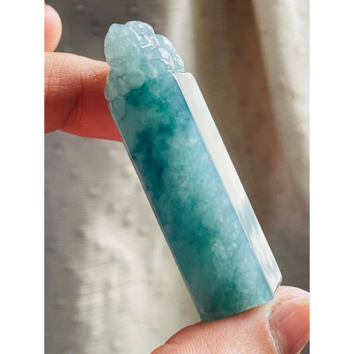 天然A貨緬甸玉 冰飄藍花手工雕招財進寶貔貅翡翠印章/方印/對印(一對) 冰起膠底老坑冰料 牛仔藍滿底色-細節圖3