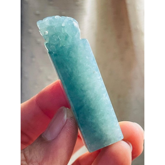 天然A貨緬甸玉 冰飄藍花手工雕招財進寶貔貅翡翠印章/方印/對印(一對) 冰起膠底老坑冰料 牛仔藍滿底色-細節圖4