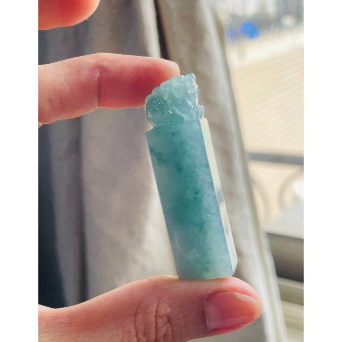 天然A貨緬甸玉 冰飄藍花手工雕招財進寶貔貅翡翠印章/方印/對印(一對) 冰起膠底老坑冰料 牛仔藍滿底色-細節圖5