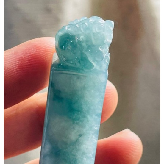 天然A貨緬甸玉 冰飄藍花手工雕招財進寶貔貅翡翠印章/方印/對印(一對) 冰起膠底老坑冰料 牛仔藍滿底色-細節圖6