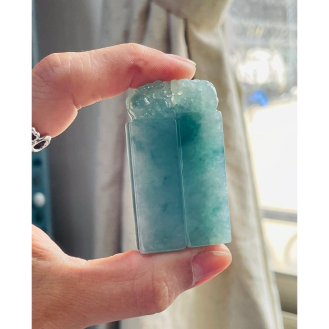 天然A貨緬甸玉 冰飄藍花手工雕招財進寶貔貅翡翠印章/方印/對印(一對) 冰起膠底老坑冰料 牛仔藍滿底色-細節圖8