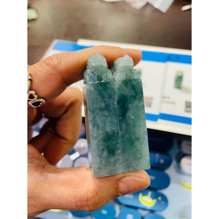 天然A貨緬甸玉 冰飄藍花手工雕招財進寶貔貅翡翠印章/方印/對印(一對) 冰起膠底老坑冰料 牛仔藍滿底色-細節圖10