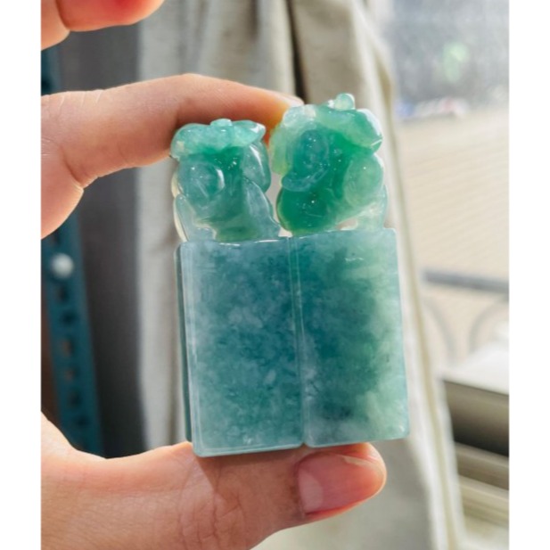 天然A貨緬甸玉 老坑翠綠手工雕踩球貔貅翡翠印章/方印/對印(一對) 起冰滿綠底色 俏辣色冰正綠 招財進寶有求必應-細節圖2