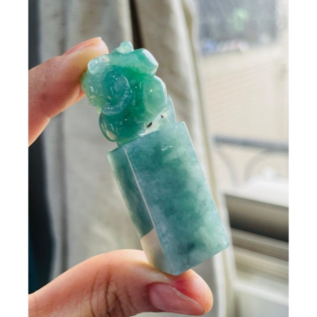 天然A貨緬甸玉 老坑翠綠手工雕踩球貔貅翡翠印章/方印/對印(一對) 起冰滿綠底色 俏辣色冰正綠 招財進寶有求必應-細節圖3