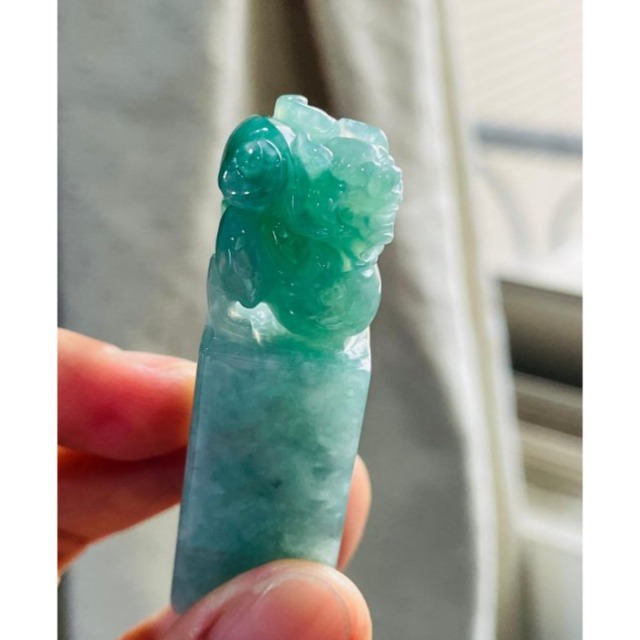 天然A貨緬甸玉 老坑翠綠手工雕踩球貔貅翡翠印章/方印/對印(一對) 起冰滿綠底色 俏辣色冰正綠 招財進寶有求必應-細節圖4