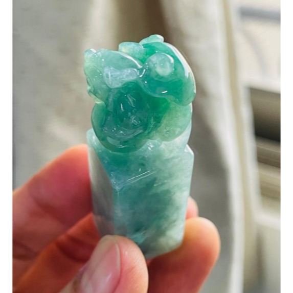 天然A貨緬甸玉 老坑翠綠手工雕踩球貔貅翡翠印章/方印/對印(一對) 起冰滿綠底色 俏辣色冰正綠 招財進寶有求必應-細節圖5