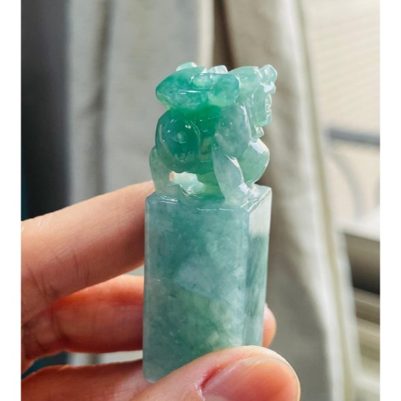 天然A貨緬甸玉 老坑翠綠手工雕踩球貔貅翡翠印章/方印/對印(一對) 起冰滿綠底色 俏辣色冰正綠 招財進寶有求必應-細節圖7