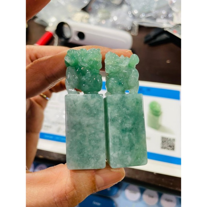 天然A貨緬甸玉 老坑翠綠手工雕踩球貔貅翡翠印章/方印/對印(一對) 起冰滿綠底色 俏辣色冰正綠 招財進寶有求必應-細節圖10