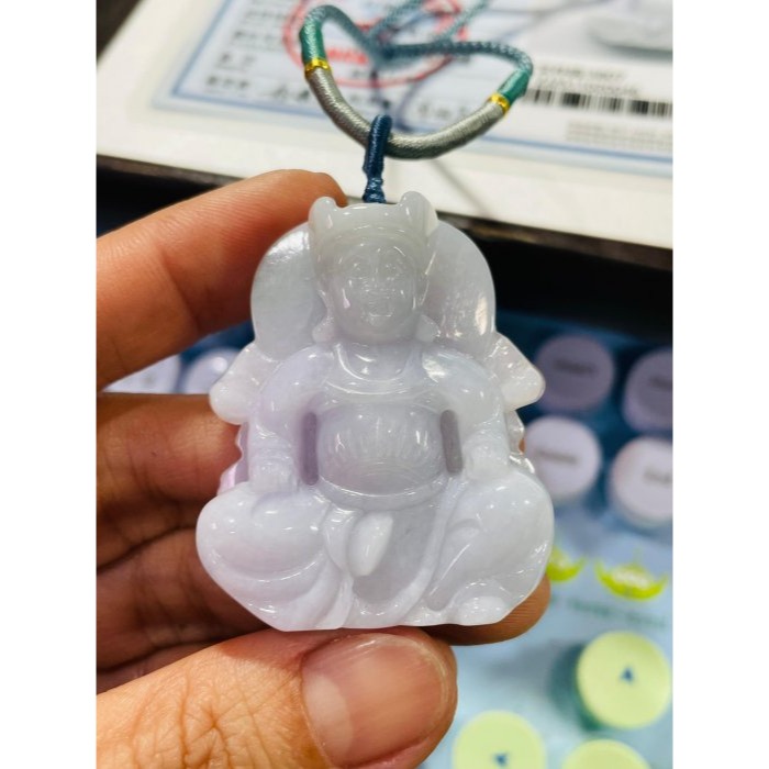 天然A貨緬甸玉 膠潤粉紫俏綠廣澤尊王翡翠玉牌 芙蓉細肉底庄 粉嫩紫底帶抹淡綠 色滿不露白-細節圖9