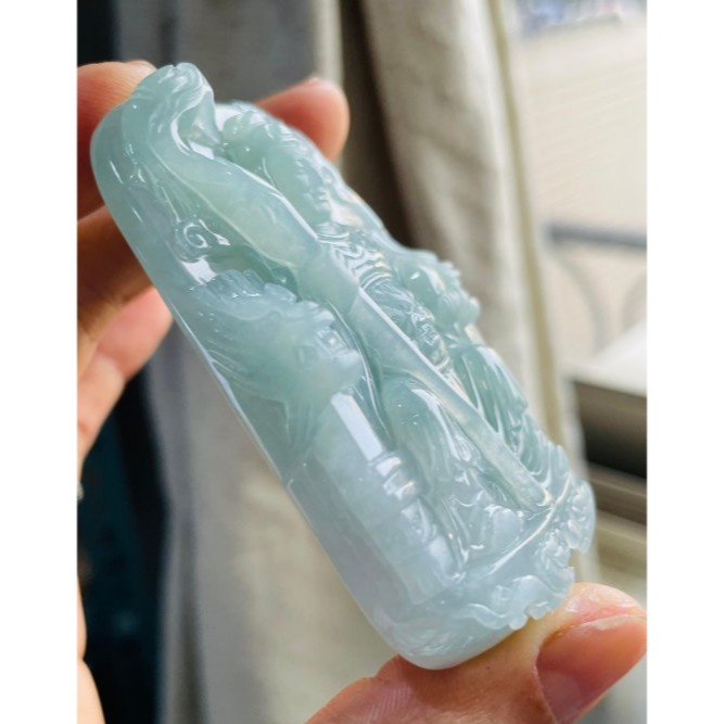 天然A貨緬甸玉 老坑藍綠獨家精工雕瑤池金母/王母娘娘翡翠佛牌 冰起膠底 法像精開 雙面精雕磨砂 厚庄方正牌形-細節圖3