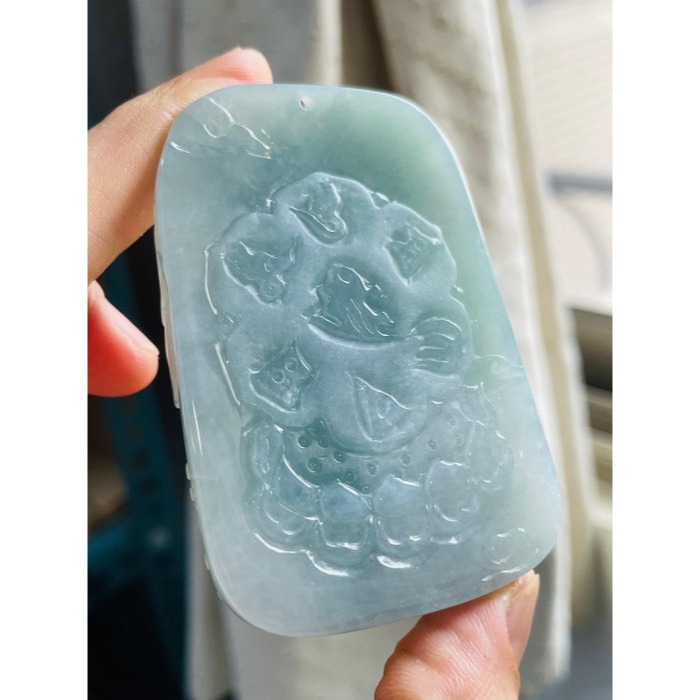 天然A貨緬甸玉 老坑藍綠獨家精工雕瑤池金母/王母娘娘翡翠佛牌 冰起膠底 法像精開 雙面精雕磨砂 厚庄方正牌形-細節圖6