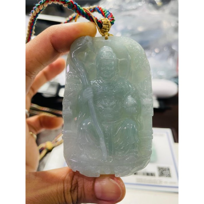 天然A貨緬甸玉 老坑藍綠獨家精工雕瑤池金母/王母娘娘翡翠佛牌 冰起膠底 法像精開 雙面精雕磨砂 厚庄方正牌形-細節圖10