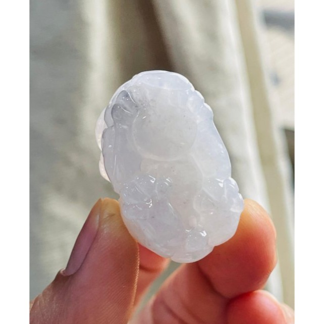 天然A貨緬甸玉 冰潤白冰手工巧雕招財貔貅翡翠玉墜 起冰好水頭 帶芝麻點 頭大圓臀-細節圖7