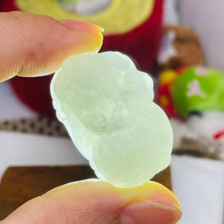 天然A貨緬甸玉 冰潤白冰手工巧雕招財貔貅翡翠玉墜 起冰好水頭 帶芝麻點 頭大圓臀-細節圖9