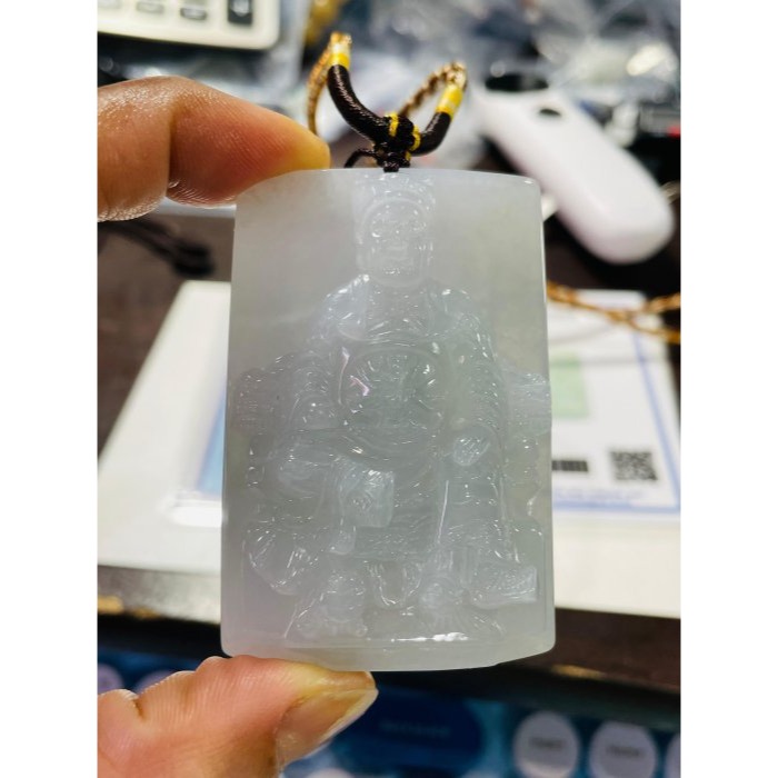 天然A貨緬甸玉 膠潤粉藍綠精工雕廣澤尊王翡翠佛牌 起冰帶膠潤底庄 透手方正64牌形 精開張眼法像-細節圖10