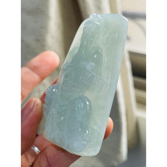 天然A貨緬甸玉 冰潤青綠精雕文武關公翡翠玉牌 勻稱膠潤底庄 色滿色勻 法像精開 工細立體 大器64牌形-細節圖4