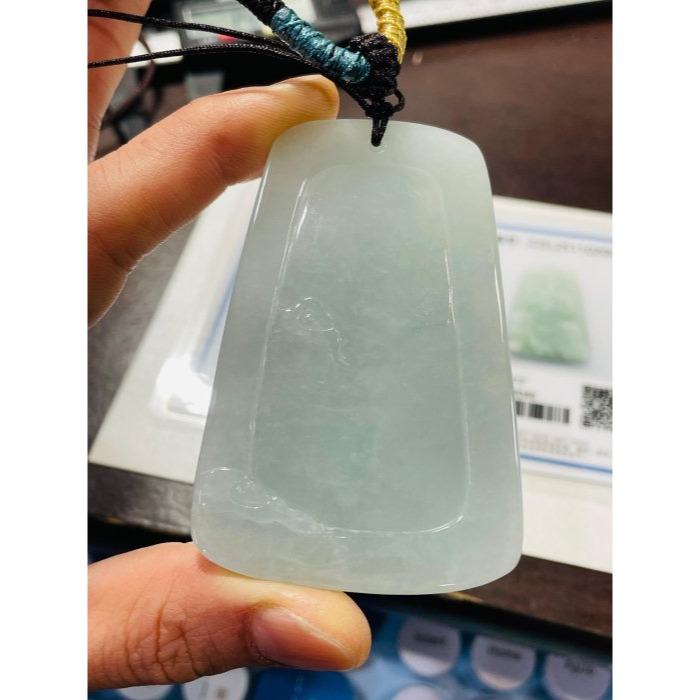 天然A貨緬甸玉 冰潤青綠精雕文武關公翡翠玉牌 勻稱膠潤底庄 色滿色勻 法像精開 工細立體 大器64牌形-細節圖10