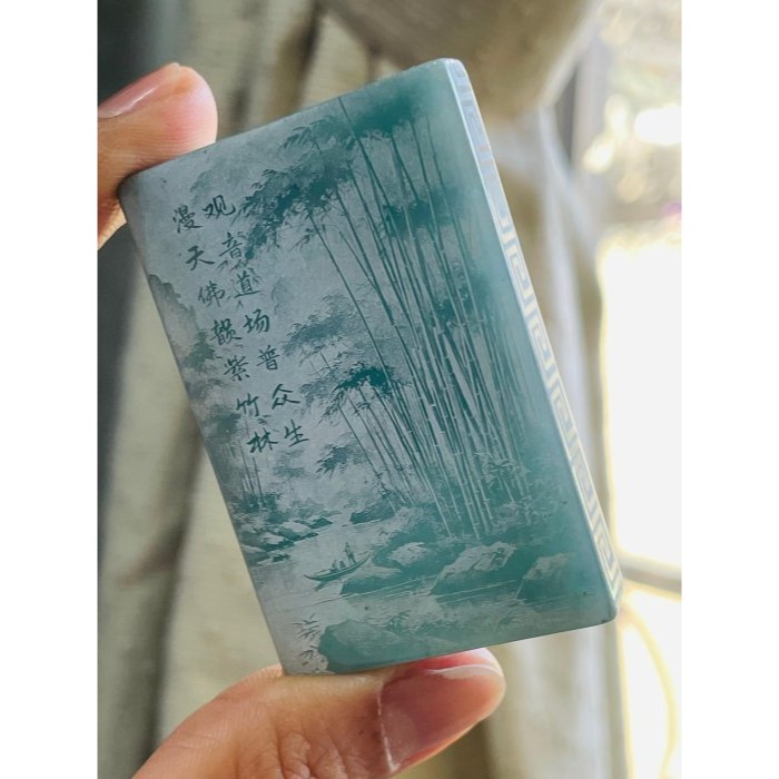 冰潤危藍雷射雕合掌觀音翡翠佛牌 全透光滿藍綠瓜料 方正牌形 噴砂影雕精致顯工-細節圖6